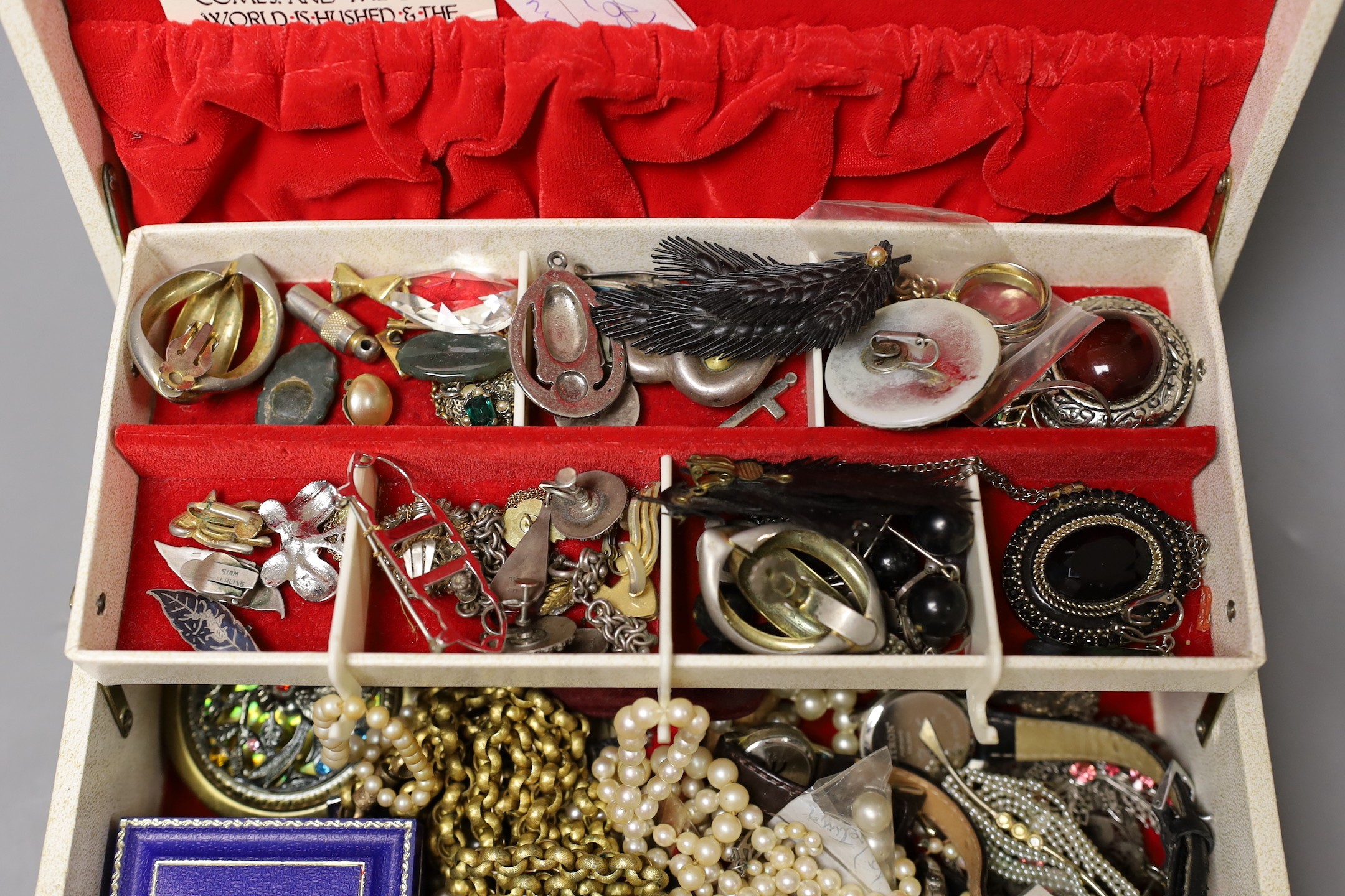 A collection of assorted costume jewellery etc. including a 19th century pinchbeck muff chain, 112cm, a lady's Rotary wrist watch, a lady's Omega wrist watch and a double strand graduated cultured pearl necklace with whi